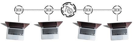 Several laptops are connected to one farm for mining cryptocurrency.