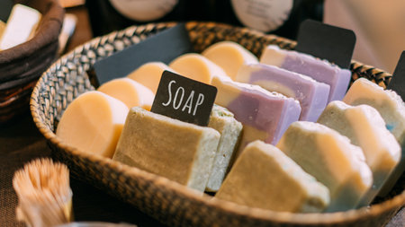 Handmade fragrant soap lies for sale in the store.の写真素材