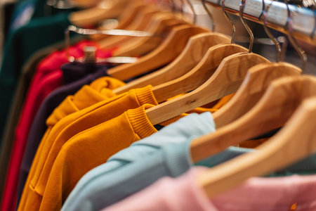 Multicolored cotton sweaters hang on hangers in the store.