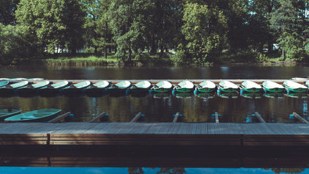 Pleasure boats are parked in the park for rent