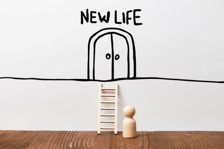 Concept of a new life with a person in front of a staircase and a door abstract.