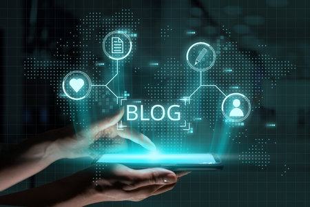 Social media and blog concept. Futuristic icon design and graphics above hand with smartphone.の写真素材