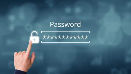 Unlocking Concept. The hand touches the padlock and the form with password.
