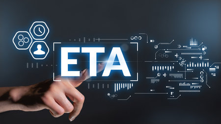 Business acronym ETA or Estimated Time of Arrival. Hand touches the display.の写真素材