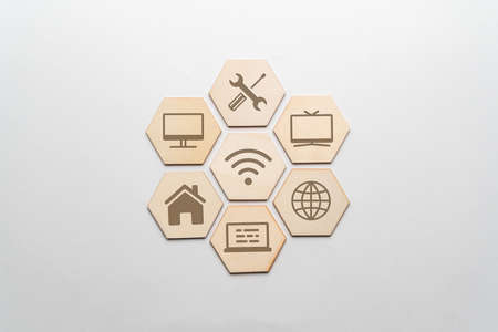 concept wifi network. Connecting devices phone, computer, smart home. Network installation and support servicesの写真素材