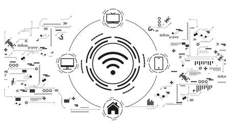 WiFi concept with connected devices smartphone, TV, computer, smart homeのイラスト素材