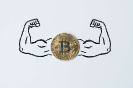 The concept of a strong cryptocurrency bitcoin. Arms muscles drawn with a coinの写真素材