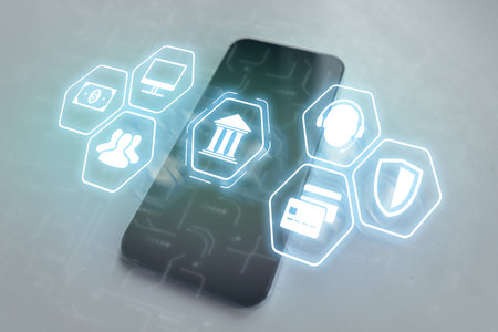 The concept of a mobile bank as an application in a smartphone. Hologram icons