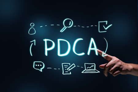 Concept PDCA or Plan Do Check Act. Organization and improvement of processes. Person clicks on an abstract hologram.の写真素材
