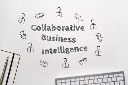 Concept Collaborative Business Intelligence. Text on the table with icons of abstract persons aroundの写真素材