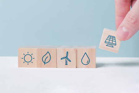 Types of alternative and renewable energy as icons on cubesの写真素材
