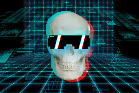 digital art. Concept nft or non-fungible token. Holographic skull with glare glasses.の写真素材