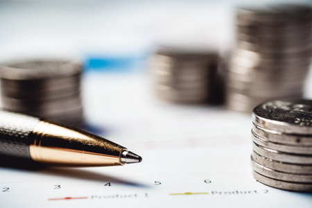 Coins lie on a table with a pen and documents. money and finance concept