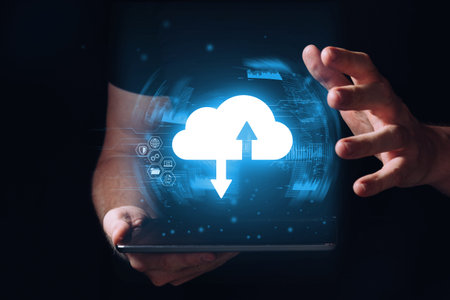The concept of cloud technologies for data transfer and storage.