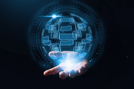 Document management system or DMS. Cloud storage with handling folders and files. hologram over a...