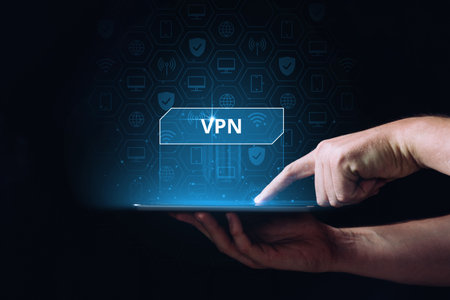 Virtual Private Network or VPN. Person holding tablet with icons hologramの写真素材