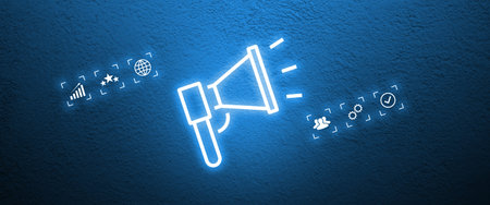 The concept of advertising services. Icons on a blue background. neon graphics.の写真素材