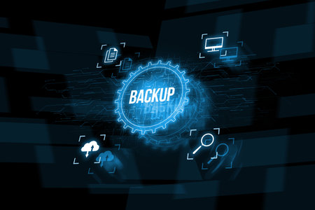 Data backup for data recovery to original or new location. Abstract hologram with iconsの写真素材