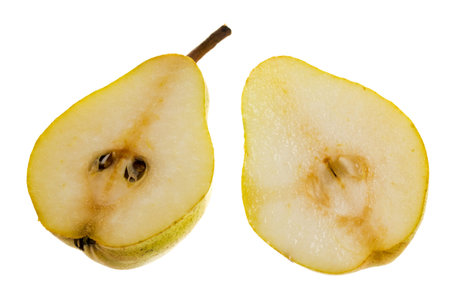 Two half pears isolated on white backgroundの写真素材