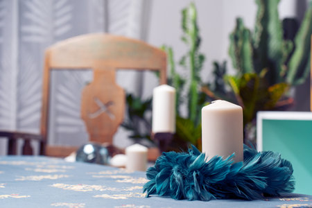 Christmas decoration on a wooden craft table in a family's home for Christmas and New Years Eveの写真素材