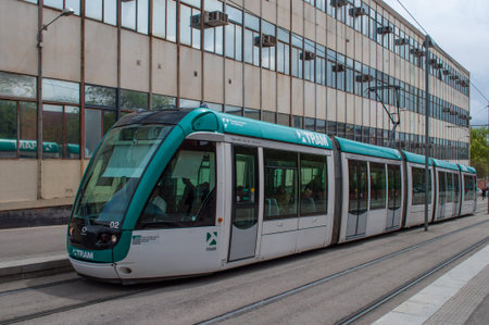 Barcelona Spain - April 18. 2012: Modern Tram on the tramway in Barcelonaのeditorial素材