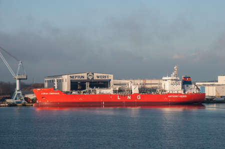 Rostock Germany - December 2. 2017: LNG Tanker Coral Energice at Neptun Shipyard in port of Rostockのeditorial素材