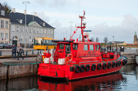 Helsingor Denmark - November 12. 2017: Orange Danish Pilot boat in port of Helsingor