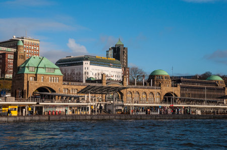Hamburg Germany - December 16. 2017: Landungsbrucken pier and skyline of Hamburg