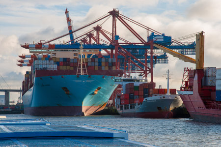 Hamburg Germany - December 16. 2017: Container ships Marit Maersk and Nor Feeder in port of Hamburg