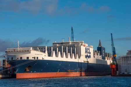 Hamburg Germany - December 16. 2017:  fully cellular container ship with ro-ro facility Atlantic...