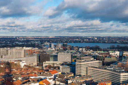 Aerial view over city of Hamburg in Germany from St. Michaels Church on a sunny dayの写真素材