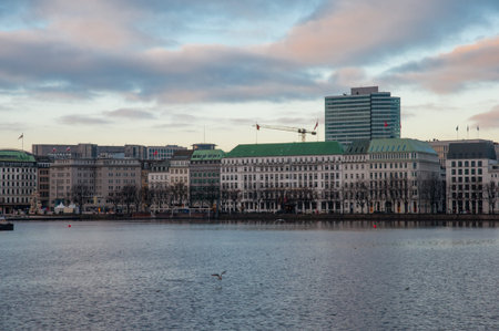 Buildings near the Alster lake in city of Hamburg Germanyの写真素材