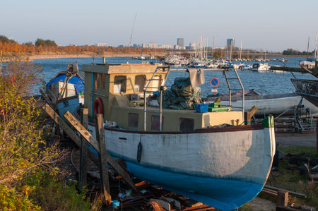Boat in yard in copenhagen harborの写真素材