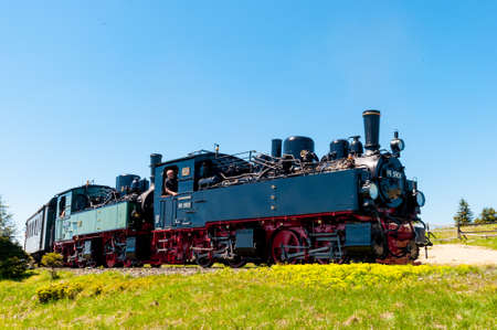 Brocken Germany - May 27. 2017: Steam train arriving at Brocken Train stationのeditorial素材
