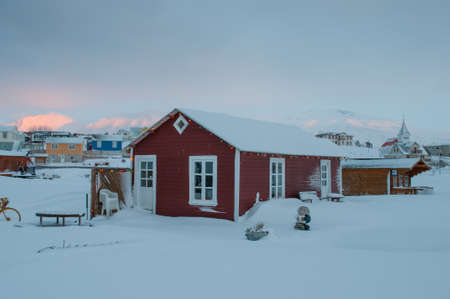 Red house on island of Hrisey in Icelandのeditorial素材
