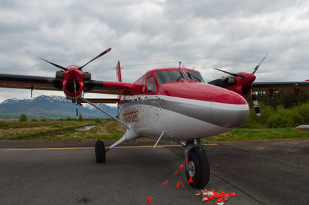 Akureyri Iceland - June 20. 2015: Norlandair de Havilland Canada DHC-6 Twin Otter airplane at Akureyri Airportのeditorial素材