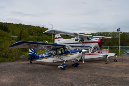 Akureyri Iceland - June 20. 2015: Two airplanes parked at Akureyri airport