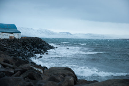 Waves at the coast of Hrisey in Iceland during a winter storm