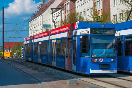 Rostock Germany - May 6. 2016: blue tram in downtown Rostockのeditorial素材