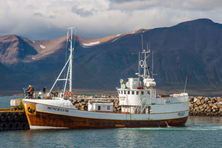 Hrisey Iceland - August 31. 2017: Old oak boat Huni in port of Hriseyのeditorial素材