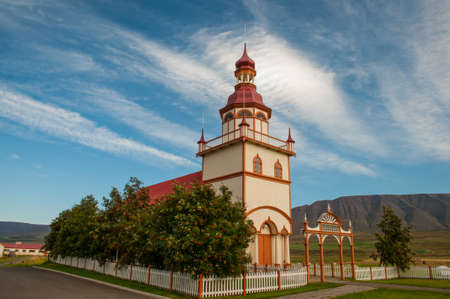 Church of Grund in Eyjafjordur Iceland on a summer dayの写真素材