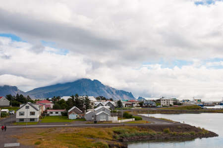 Buildings near the coast in town of Hofn in Icelandの写真素材
