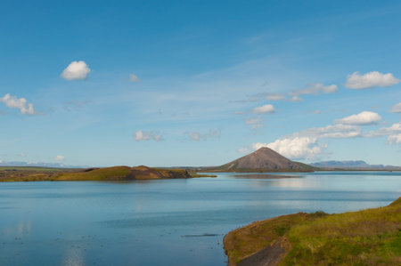 Lake Myvatn in North Iceland on a summer dayの写真素材