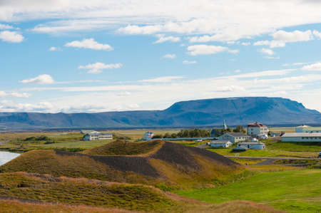 pseudocraters and farm near lake Myvatn in North Icelandの写真素材