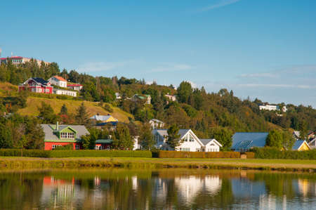 Buildings in town of akureyri in Icelandの写真素材