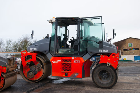 Vordingborg Denmark - January 19. 2018: Road roller on a construction siteのeditorial素材