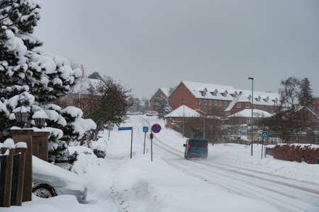 Snowy winter day in town of Vordingborg in Denmarkの写真素材