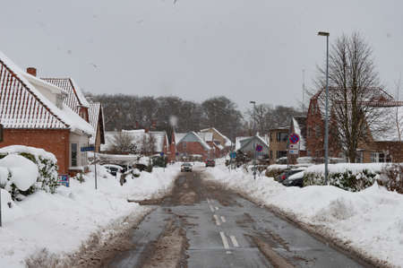 A snowy day in town of Vordingborg in Denmarkの写真素材