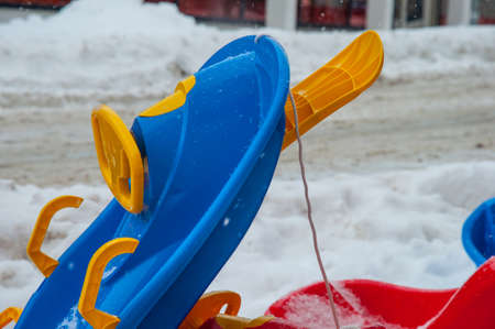Sled in front a toy store in Denmarkの写真素材