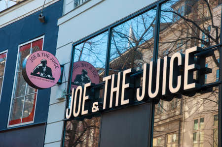 Copenhagen Denmark - March 17. 2018: Storefront of a Joe & The Juice restaurant in Copenhagenのeditorial素材